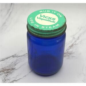Vicks VapoRub Jar Retro Advertising Cobalt Blue Glass Jar, Vintage Blue Glass